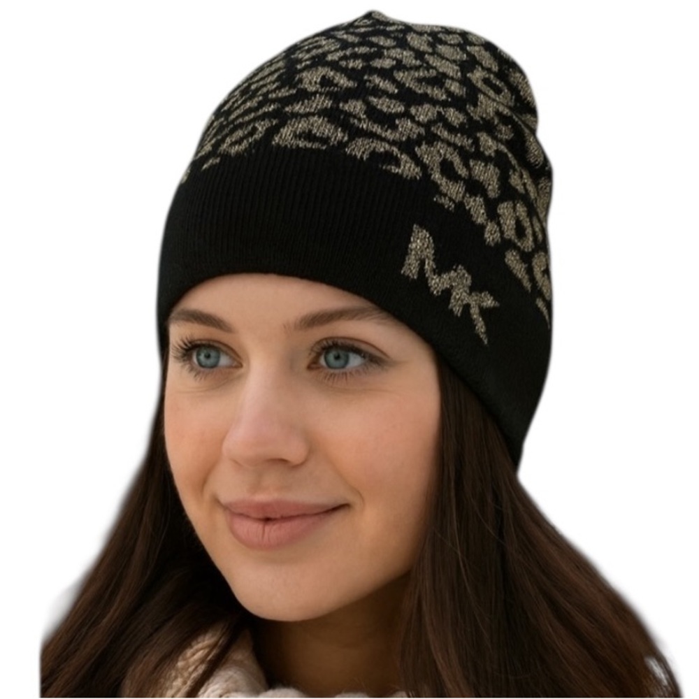 Michael Kors Black & Gold Soft Metallic Leopard Print Logo Hat/Beanie OS NWT